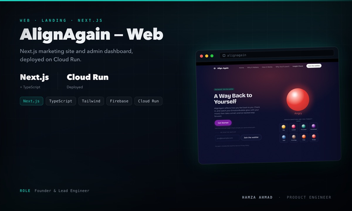 AlignAgain Web — Web App · Landing Page · Dashboard built by K-Mavericks